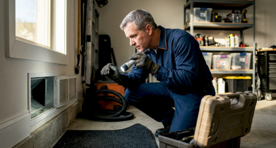 HVAC technician inspecting air ducts in home utility room