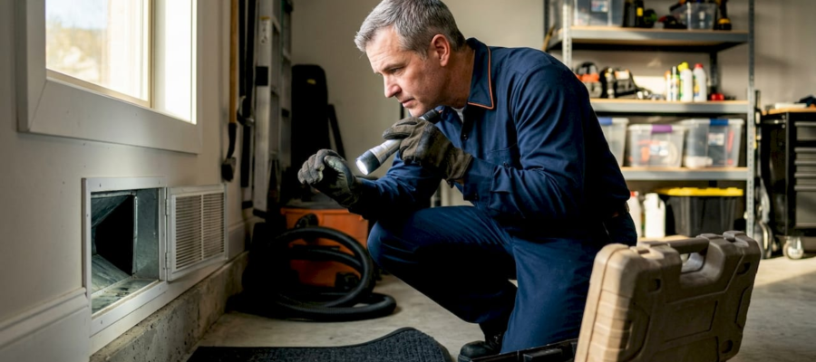 HVAC technician inspecting air ducts in home utility room
