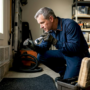 HVAC technician inspecting air ducts in home utility room