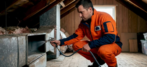 HVAC technician spraying protective coating inside air duct