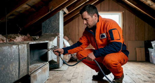 HVAC technician spraying protective coating inside air duct
