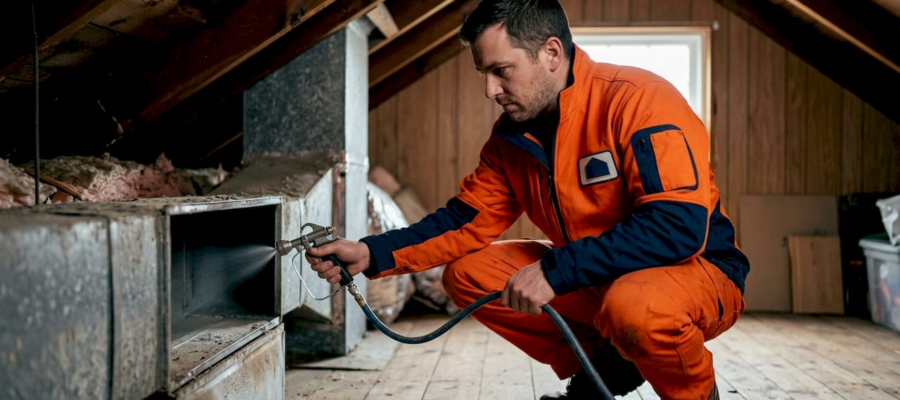 HVAC technician spraying protective coating inside air duct