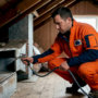 HVAC technician spraying protective coating inside air duct