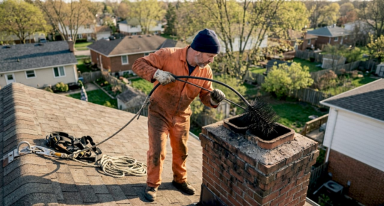 Chimney sweep inspecting chimney on roof