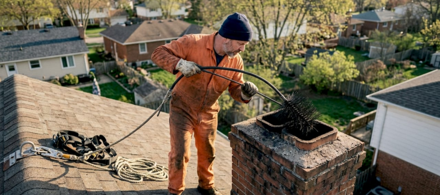 Chimney sweep inspecting chimney on roof