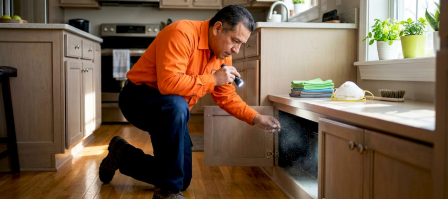 Technician inspecting dusty home air duct