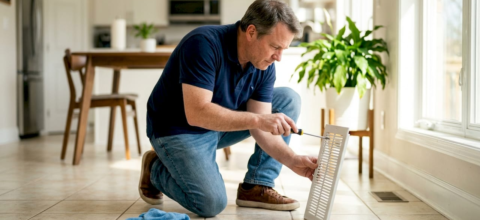 Man removing wall air vent cover inside home