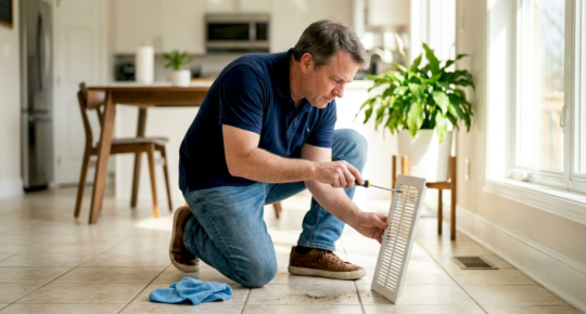 Man removing wall air vent cover inside home