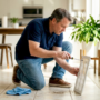 Man removing wall air vent cover inside home