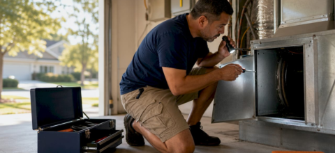 Man inspecting home air ducts with tools