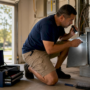 Man inspecting home air ducts with tools