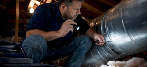 Homeowner inspecting HVAC air ducts