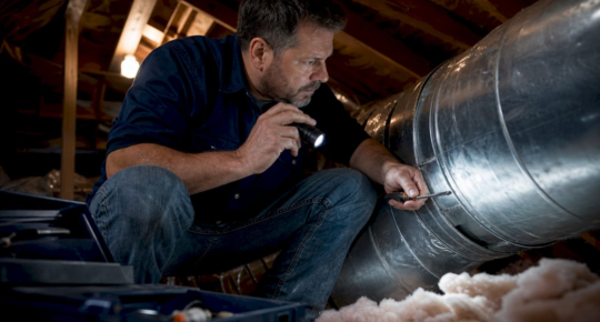 Homeowner inspecting HVAC air ducts