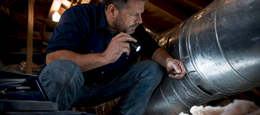 Homeowner inspecting HVAC air ducts