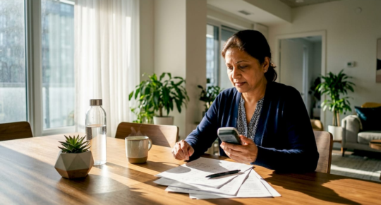 Homeowner examining air quality testing device