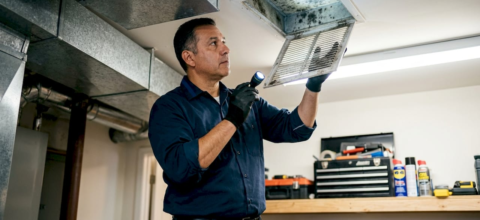 HVAC technician inspecting moldy air vent