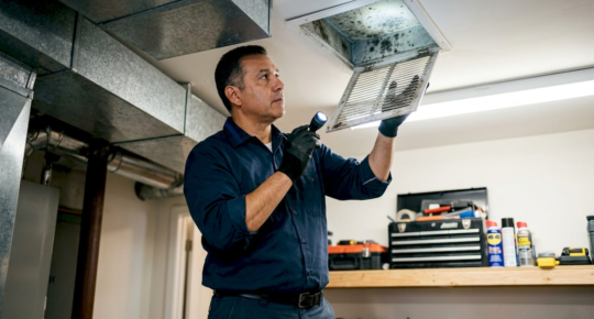 HVAC technician inspecting moldy air vent