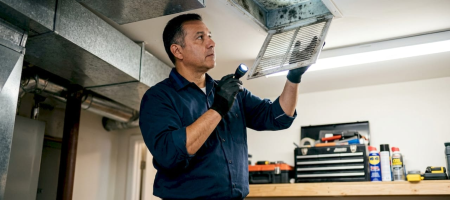 HVAC technician inspecting moldy air vent
