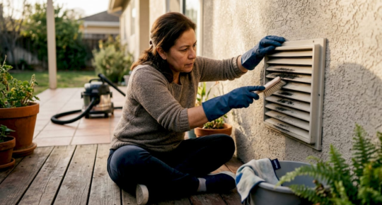 Woman cleaning black dust from air vent cover