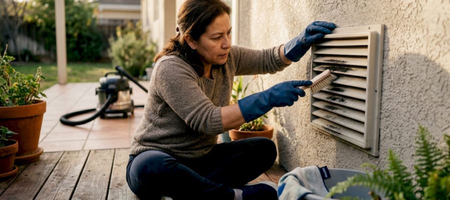 Woman cleaning black dust from air vent cover