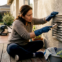 Woman cleaning black dust from air vent cover