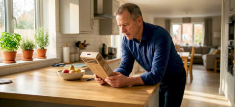 Homeowner reading chimney cleaner package