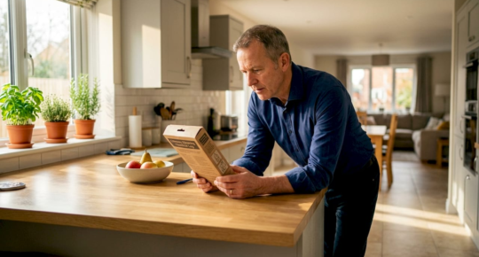 Homeowner reading chimney cleaner package