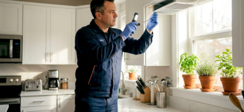 HVAC technician inspecting furnace for burning smell