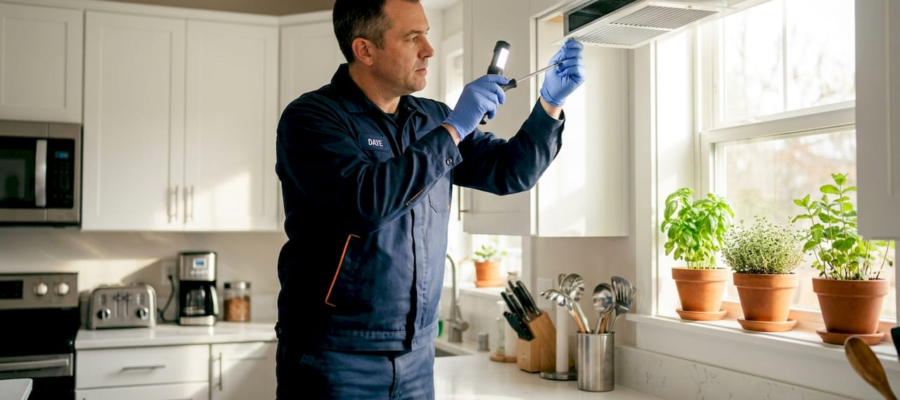 HVAC technician inspecting furnace for burning smell