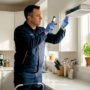 HVAC technician inspecting furnace for burning smell