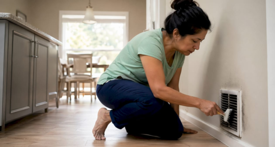 Woman cleaning black soot from air conditioner vent