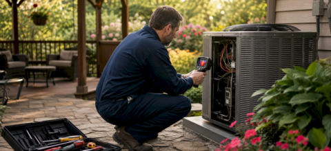 HVAC technician inspecting AC unit for burning smell