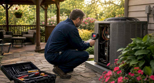 HVAC technician inspecting AC unit for burning smell