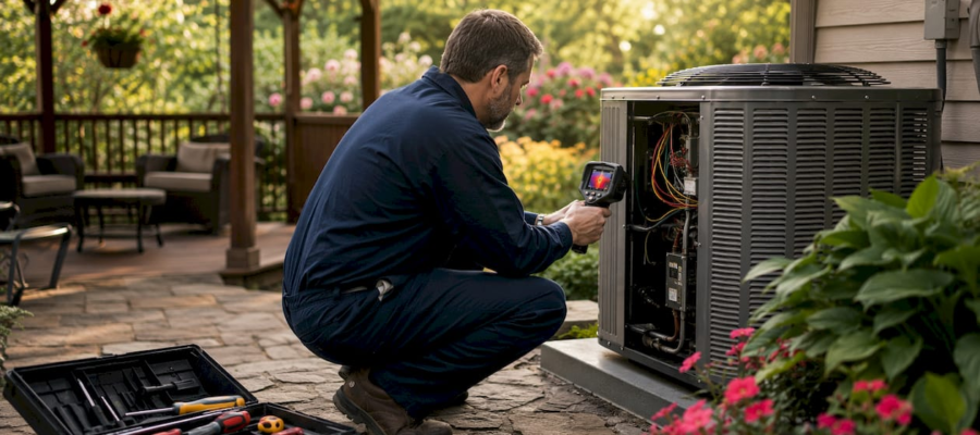 HVAC technician inspecting AC unit for burning smell