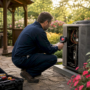 HVAC technician inspecting AC unit for burning smell
