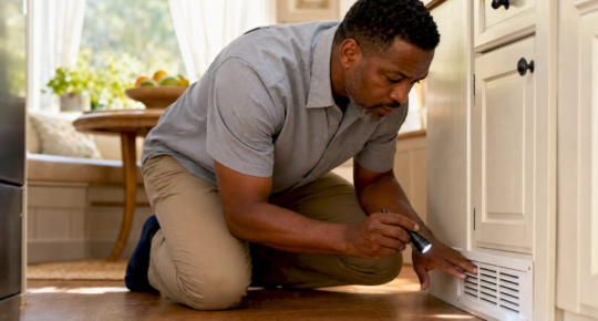 Man inspecting HVAC return vent in living room