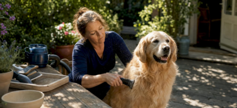Woman grooming dog near floor vent