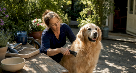 Woman grooming dog near floor vent