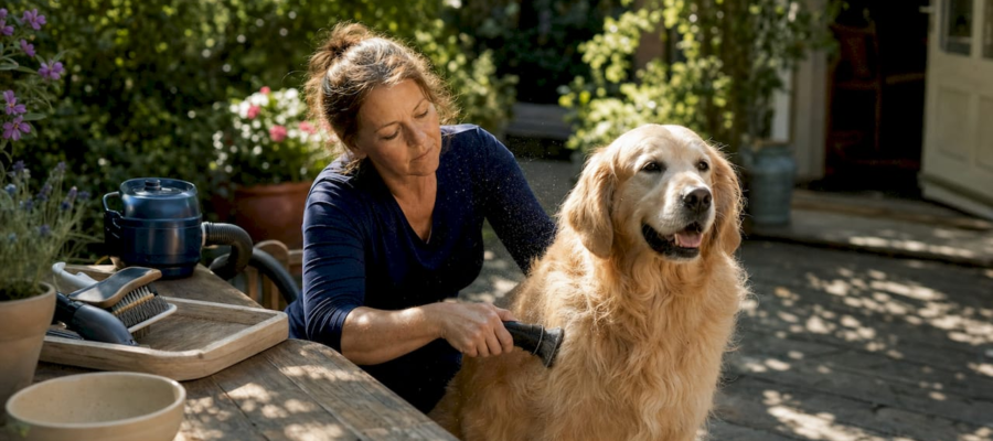 Woman grooming dog near floor vent
