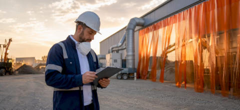 Safety manager inspecting warehouse dust control