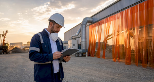 Safety manager inspecting warehouse dust control