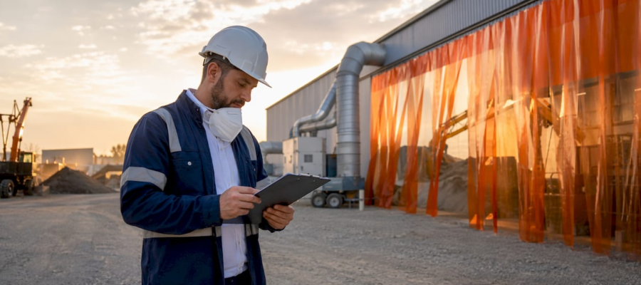 Safety manager inspecting warehouse dust control