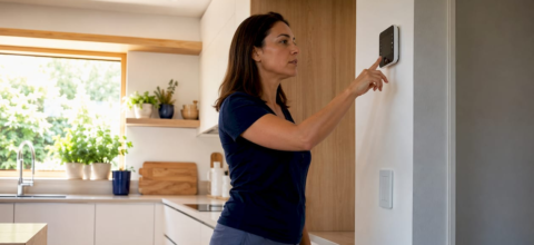 Woman adjusting thermostat settings indoors