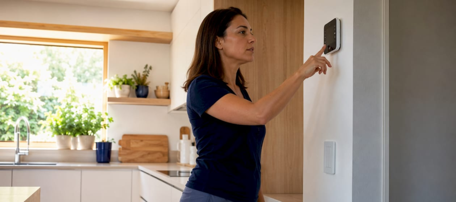 Woman adjusting thermostat settings indoors