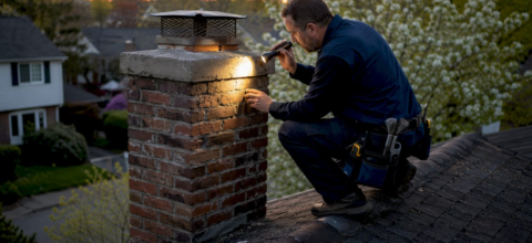 Chimney repair technician kneels on a rooftop, examining a brick chimney with a flashlight at sunset.