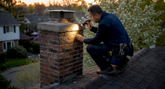 Chimney repair technician kneels on a rooftop, examining a brick chimney with a flashlight at sunset.