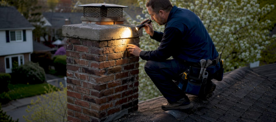 Chimney repair technician kneels on a rooftop, examining a brick chimney with a flashlight at sunset.
