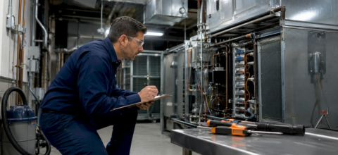 Technician inspecting commercial air system equipment