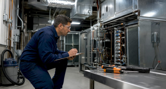 Technician inspecting commercial air system equipment