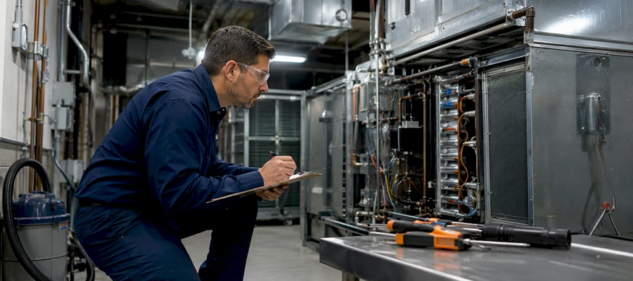 Technician inspecting commercial air system equipment